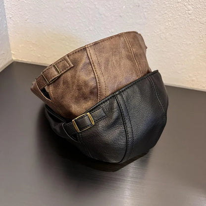 American Retro Leather Plain Baker Boy Hat For Women Autumn Winter Unisex Beret