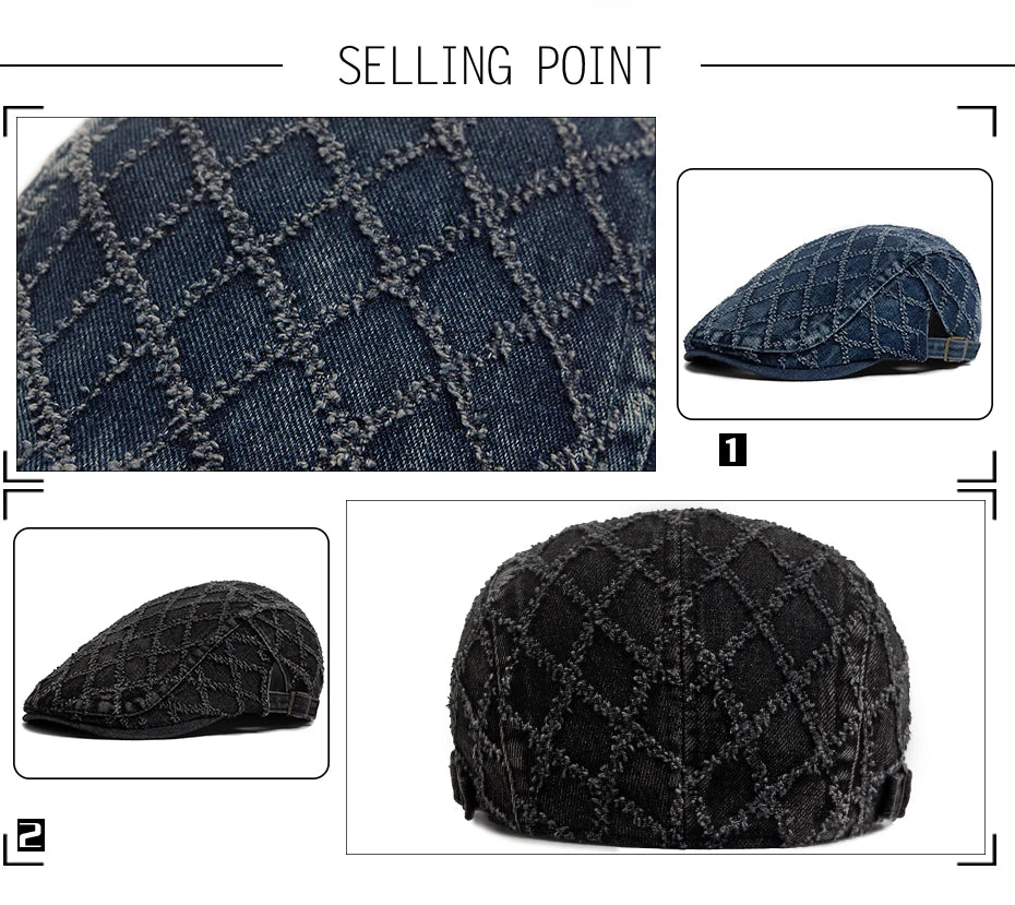 Denim Plaid Vintage Men Berets Washed Cotton Women's Beret Retro