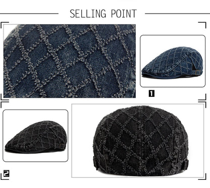 Denim Plaid Vintage Men Berets Washed Cotton Women's Beret Retro