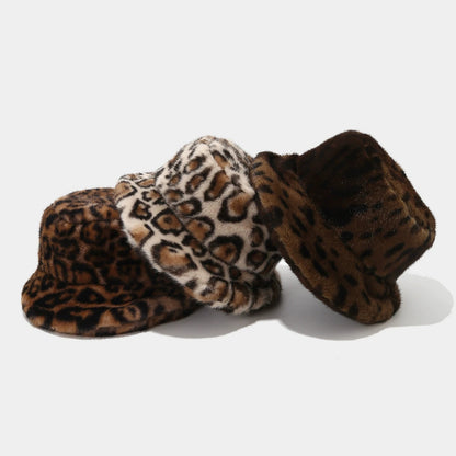 Women Leopard Print Fur Hat Thickened Winter Warm Fisherman Hat