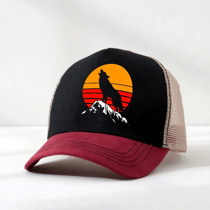 Four Seasons Trucker Cap Men Women Snapback Hip Hop Baseball Cap Sunset Wolf Adjustable Visor Hat Mesh Breathable Hats