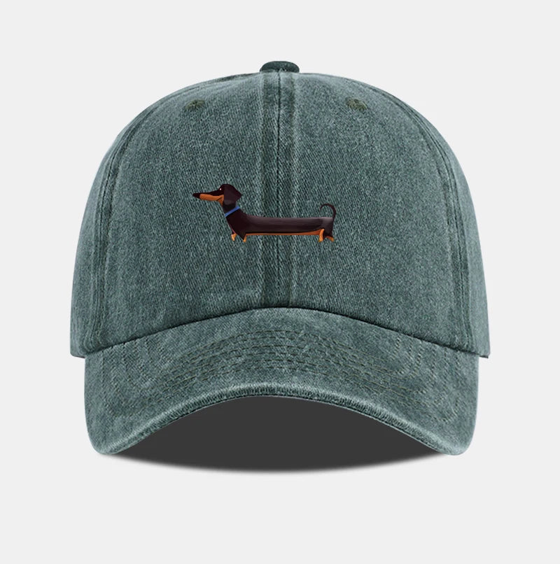Dachshund Print Washed Baseball Cap Adorable Retro Dog Themed Style Perfect For Outdoor Walks