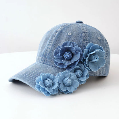 Three-Dimensional 5-Flower Fabric Flower Denim Baseball Cap