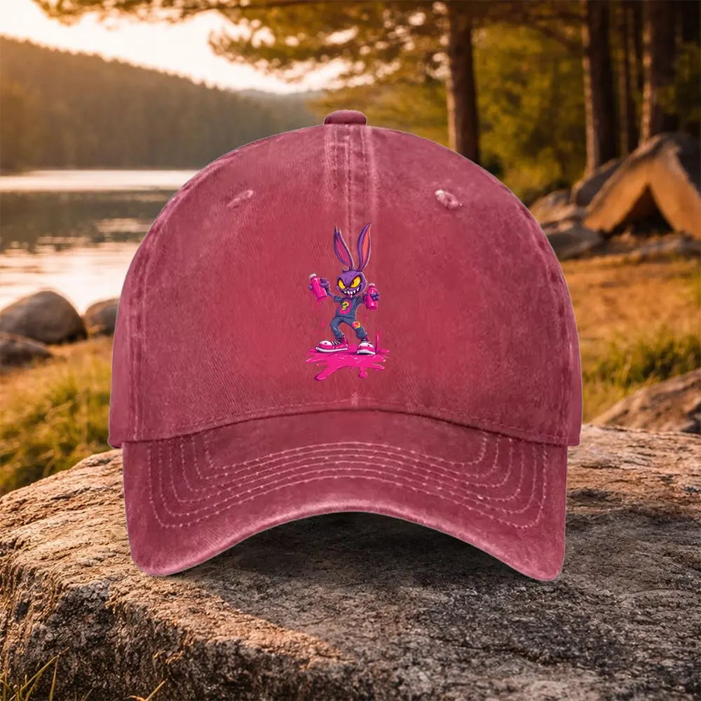 Purple Rabbit Graffiti Washed Baseball Cap – Unisex Casual Golf & Outdoor Hat