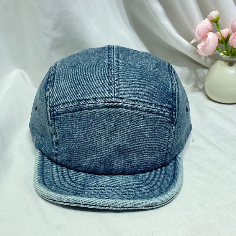 Retro Short-Brimmed Washed And Distressed Denim Baseball Cap