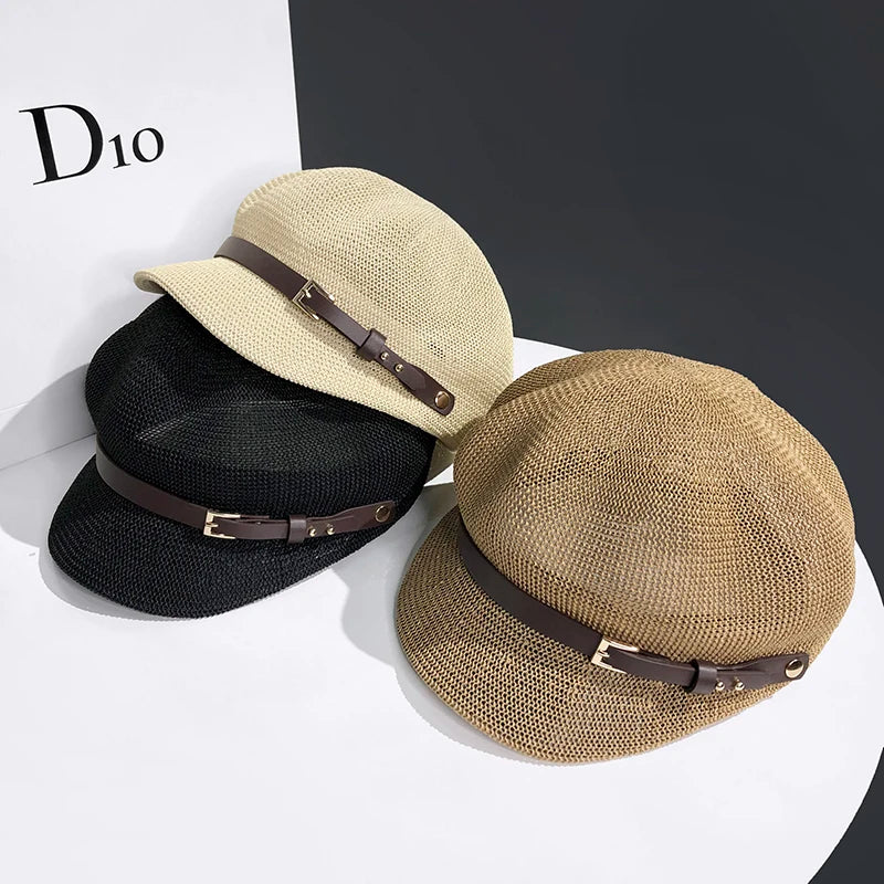 Women Summer Hollow Mesh Knit Octagonal Newsboy Cap