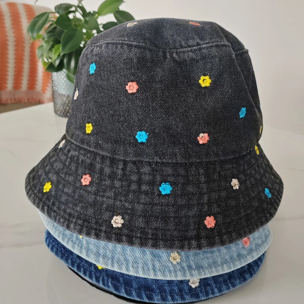 Embroidery Little Flower Washed Denim Summer Bucket Hat