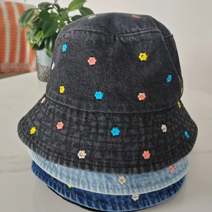Embroidery Little Flower Washed Denim Summer Bucket Hat