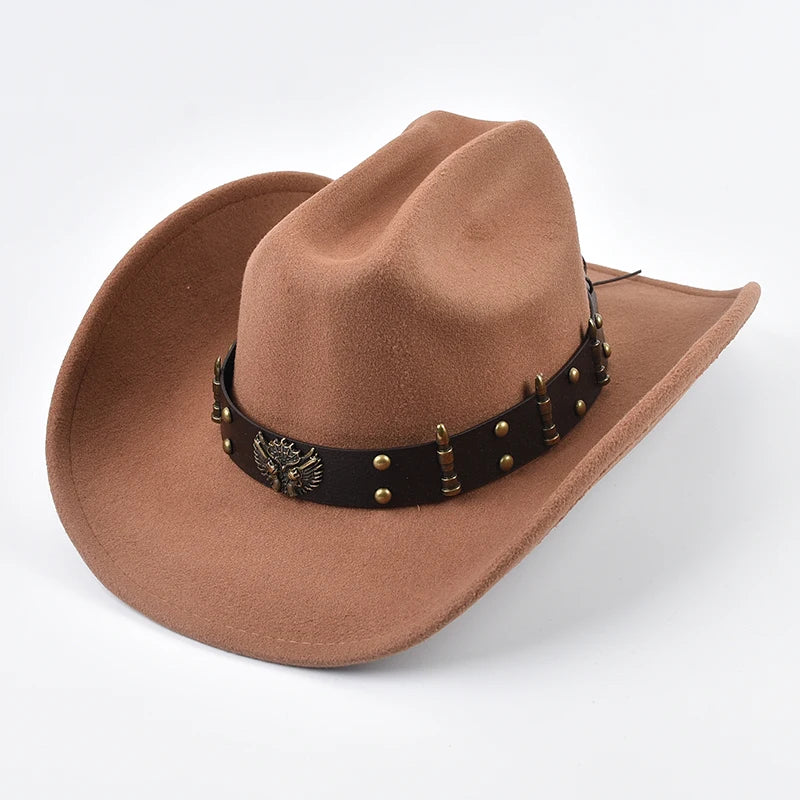 Men Women Western Cowboy Hat With Leather Vintage Big-Edge Gentleman Cowgirl Hat