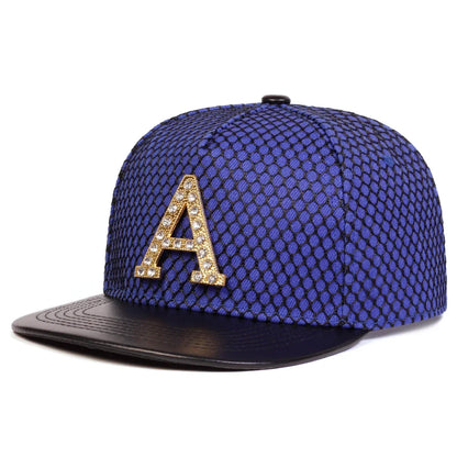 Unisex Metal Strip Drill A Letter Label Mesh Hip Hop Hat