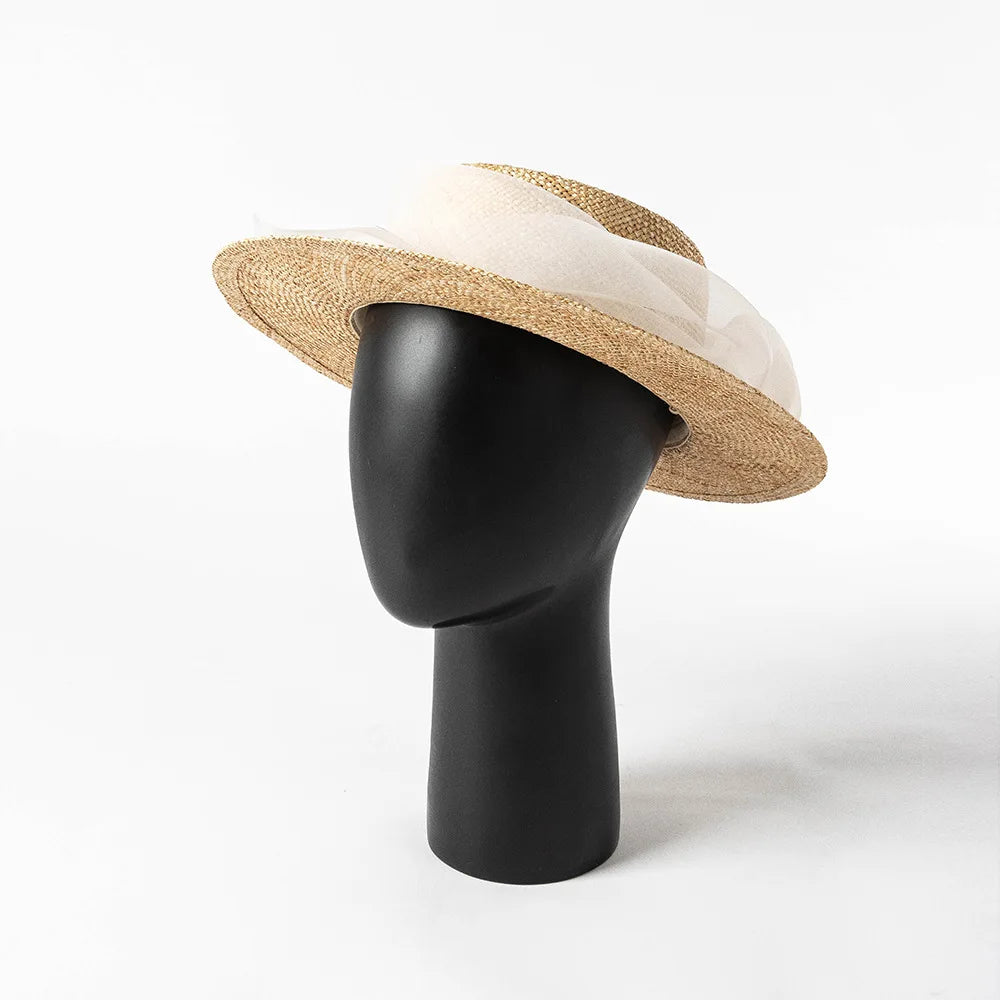 Vintage Veil Straw Boater Hat Women Bridal Inspired Flat Top Sun Hat