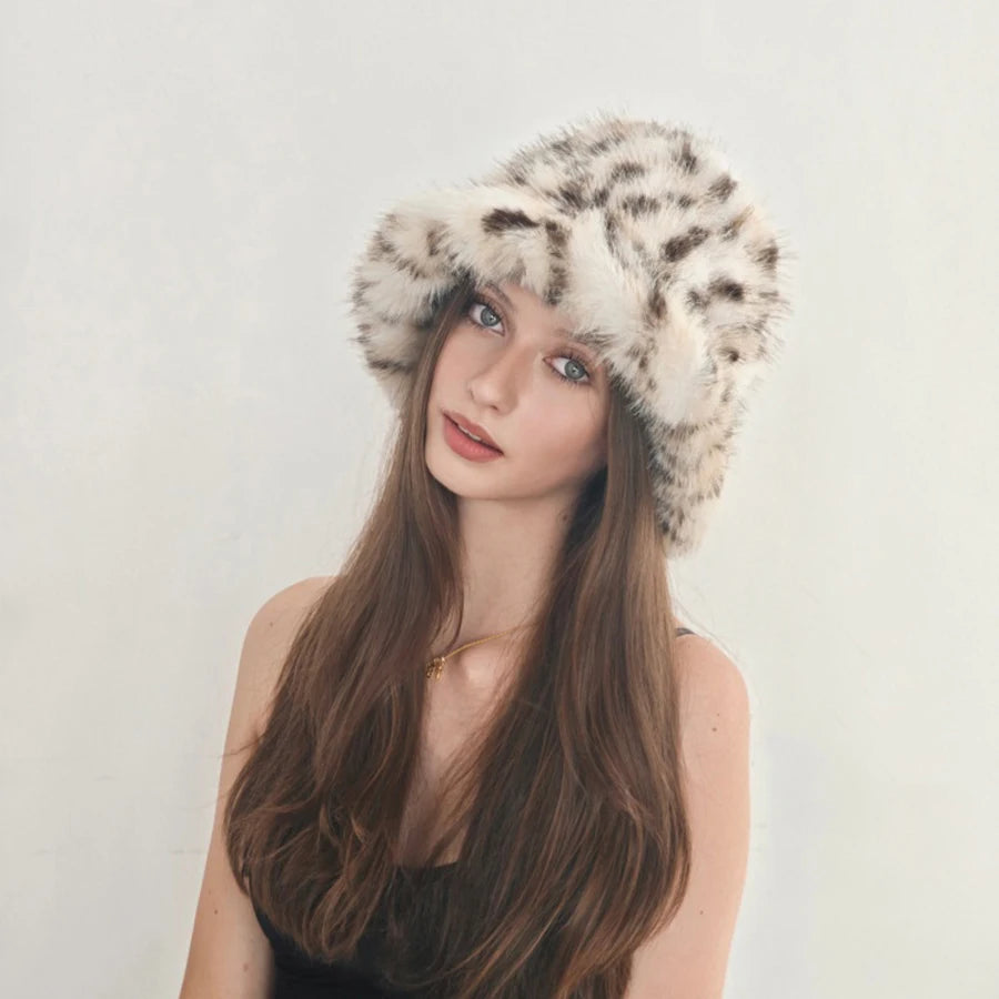 Women's Faux Fur Bucket Hat Leopard Print Soft Warm For Autumn Winter