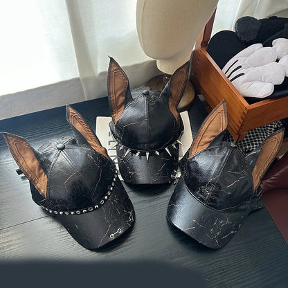 New Niche Punk Leather Rivet Dog Ears Baseball Caps Spring Autumn Men Women