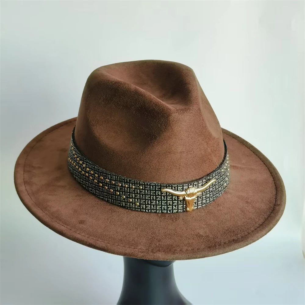 Retro Suede Fedora With Belt Men Western Jazz Hat Vegan Suede Top Hat