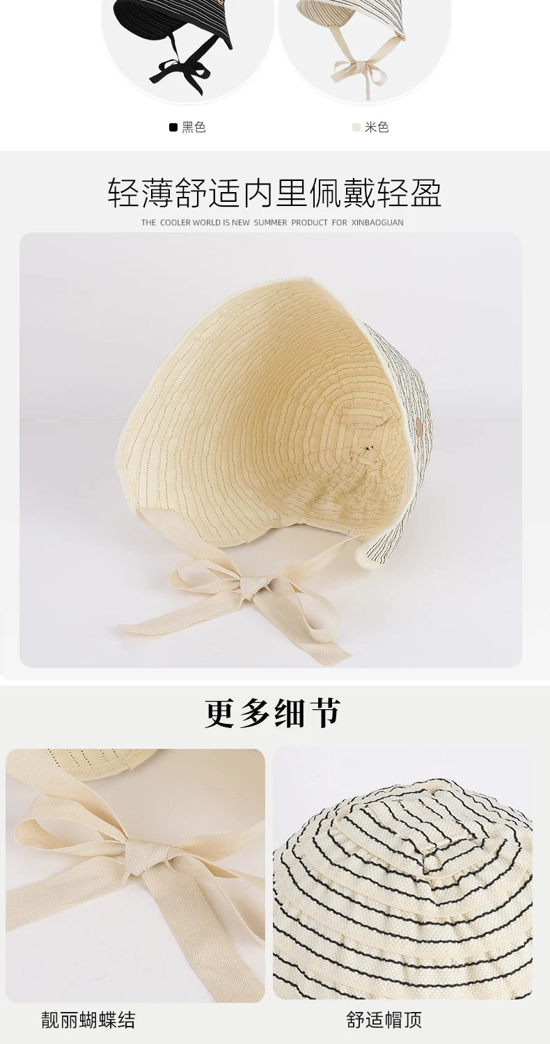 Korean Striped Fisherman Hat Summer Outdoor Travel Sun Hat Japanese Strap Wrapped Around the Brim Sun Hat