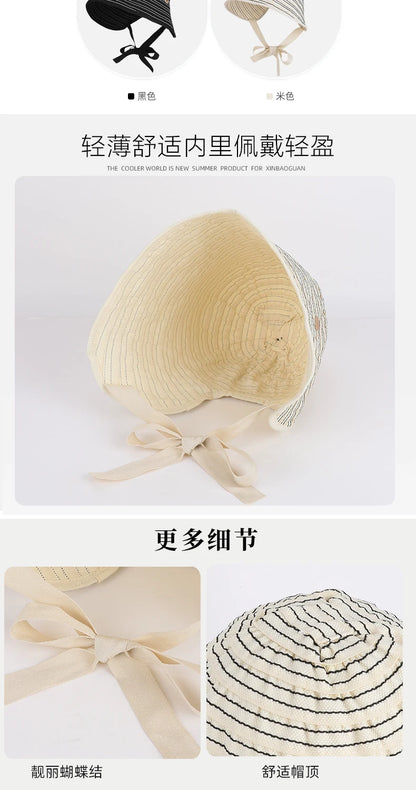 Korean Striped Fisherman Hat Summer Outdoor Travel Sun Hat Japanese Strap Wrapped Around the Brim Sun Hat