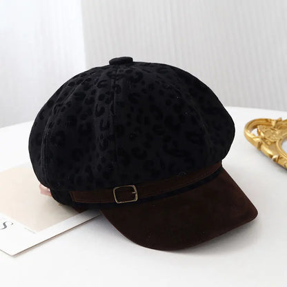 Retro Leopard Print Wide Brim Beret Vintage Painter Cap Hats
