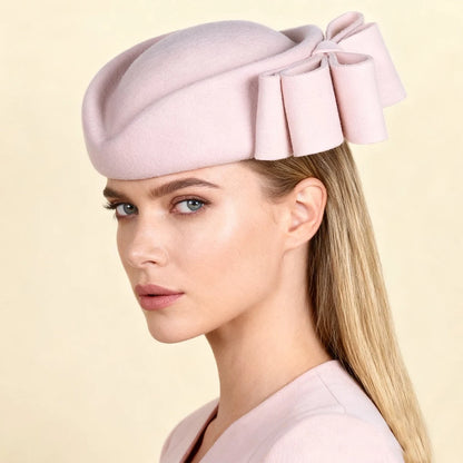 Winter Pink Wool Fascinator French Beret Bowler Hats With Bowknot Elegant Wedding