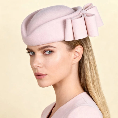 Winter Pink Wool Fascinator French Beret Bowler Hats With Bowknot Elegant Wedding