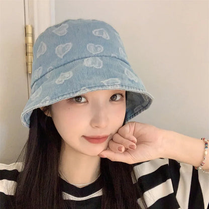 Love Heart Print Denim Bucket Hats for Women