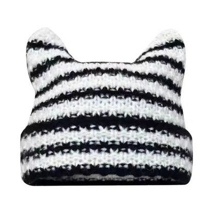 Devil Striped Knitted Hat Women Girls Autumn Winter Cute Cat Ears Cap