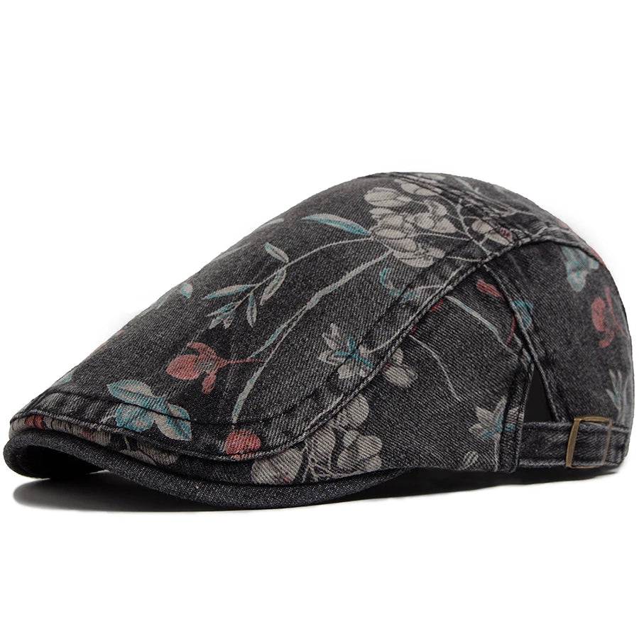 New Vintage Print Denim Beret Women Men Cotton Newsboy Cap Casual Visor Fashion Flat Hat