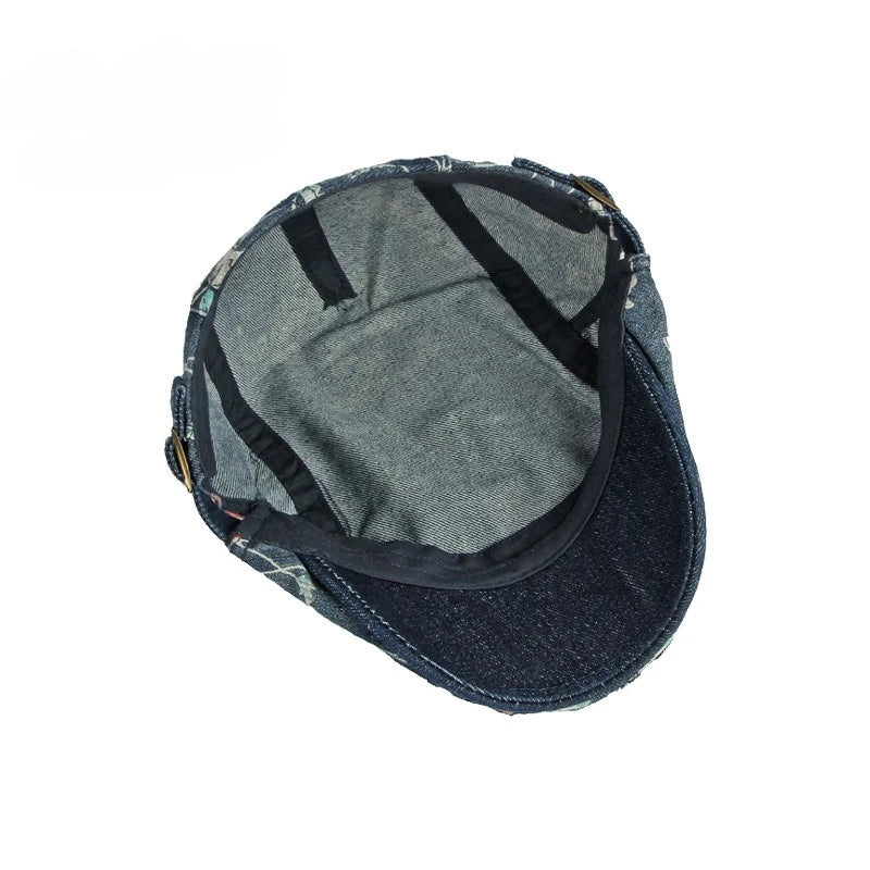 New Vintage Print Denim Beret Women Men Cotton Newsboy Cap