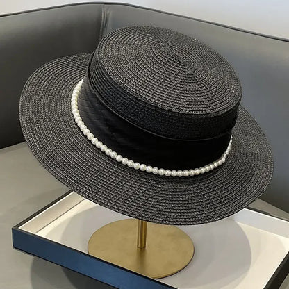 2025 Summer Elegant Pearl Chain Flat Sun Hats