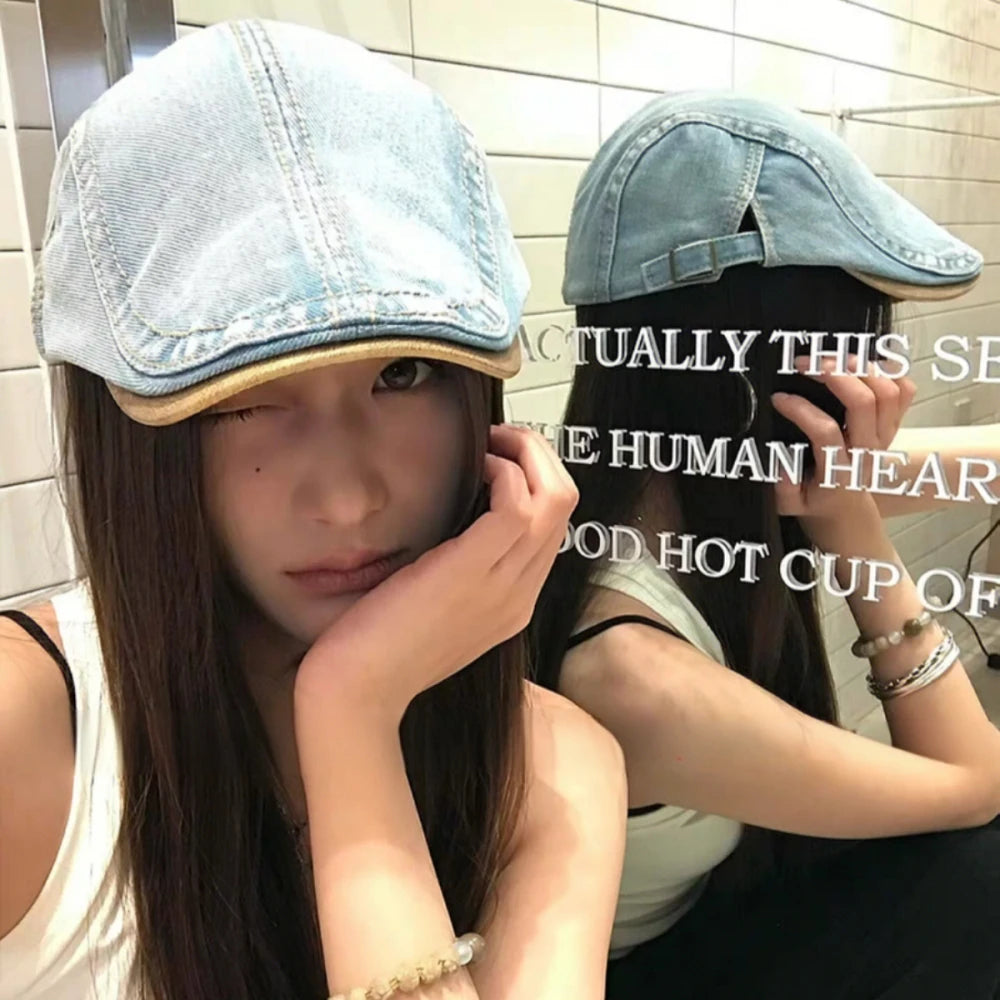 Vintage Washed Denim Gatsby Cap Ivy Flat Forwards Hat