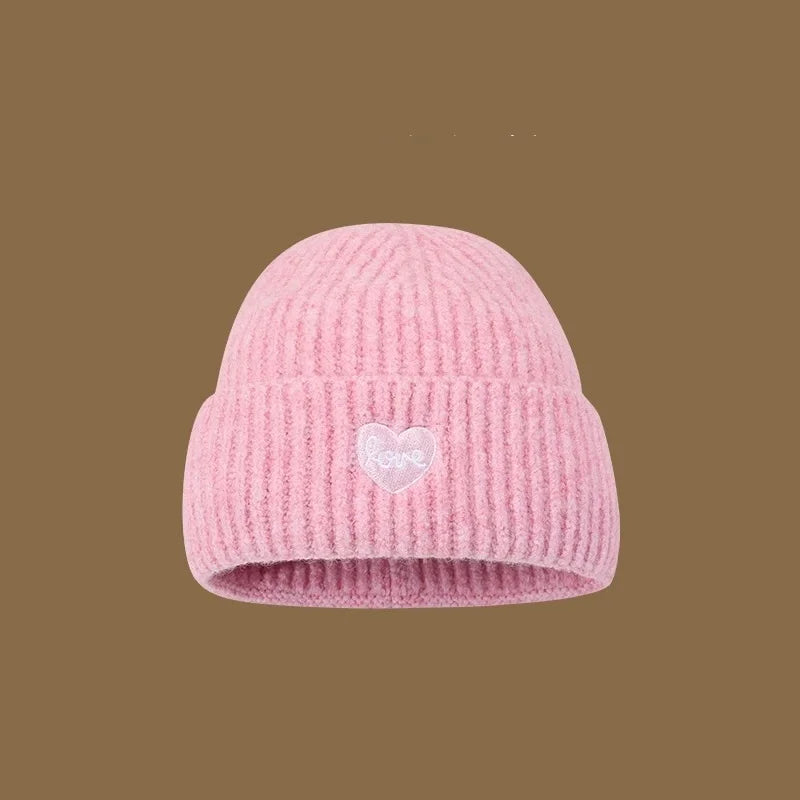Love Heart Embroidered Woolen Hat Warm Ear-Protecting Cold Hat