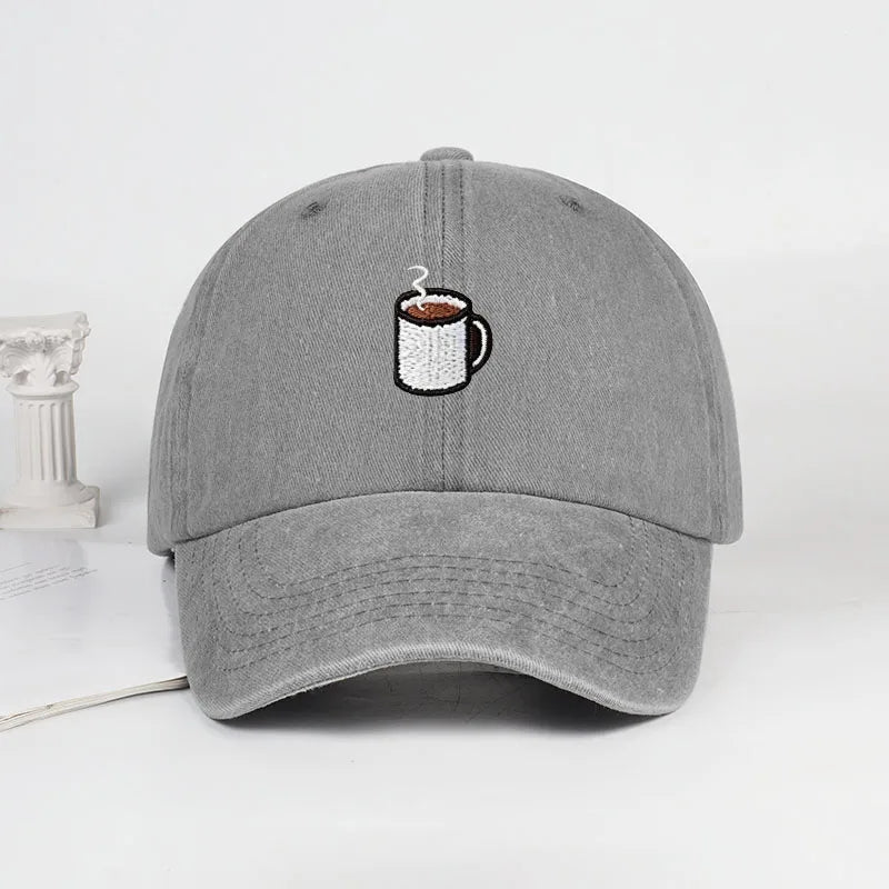 Embroidered Coffee Cup Print Washed Baseball Cap