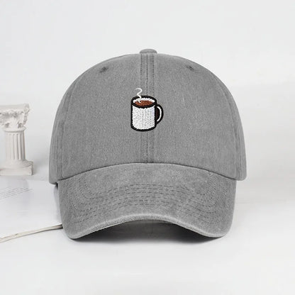 Embroidered Coffee Cup Print Washed Baseball Cap