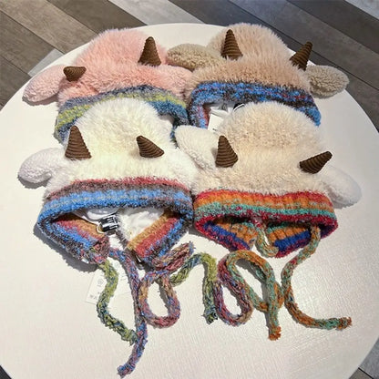 Cute Thick Plush Knitted Hat Girls Winter Warm Ear Protection Beanies Hat