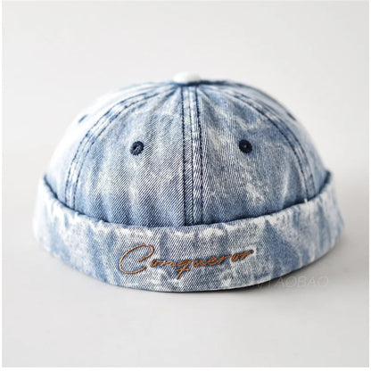 Retro Washed Denim No Brim Skullcap Unisex