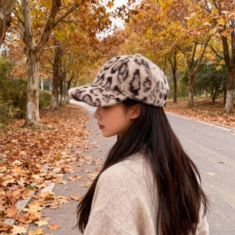 Leopard Pattern Baseball Hat Soft Warm Winter Plush Hat
