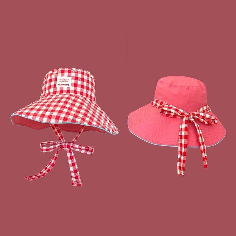 Double-Sided Plaid Wide Edged Lace-Up Bucket Hat