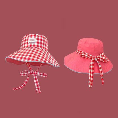 Double-Sided Plaid Wide Edged Lace-Up Bucket Hat