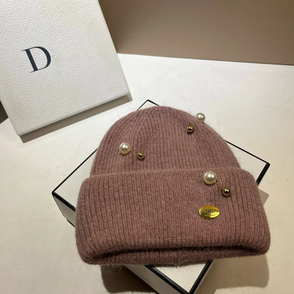 Designer Pearls Brooch Knitted Hat Women Luxury