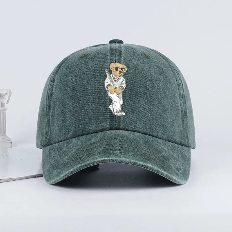 Classic Baseball Bear Print Washed Baseball Cap