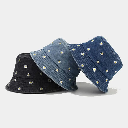 Four Seasons Denim Flower Embroidery Bucket Hat Fisherman Hat Outdoor Travel Sun Cap for Men and Women
