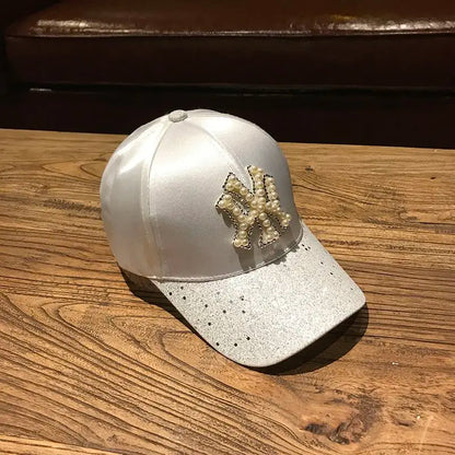 2026 New Luxury Y2K Glitter Baseball Cap – Pearl NY Logo Satin Snapback