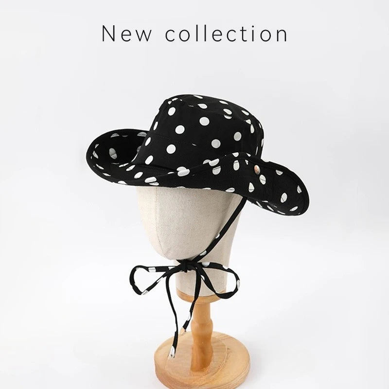 Women Versatile Sweet Lace-up Fisherman's Hat Black Dot Bucket Hats Summer