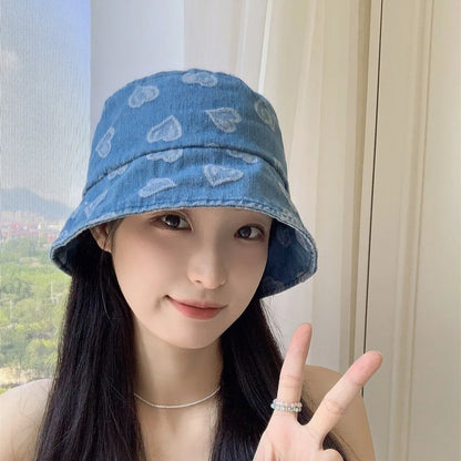 Love Heart Print Denim Bucket Hats for Women