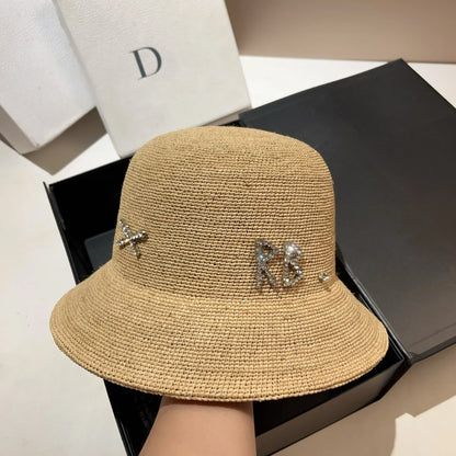 New Designer Raffia Straw Bucket Hat Women Beach Hat Female Korean Travel Sun Protection Breathable Fisherman Hat