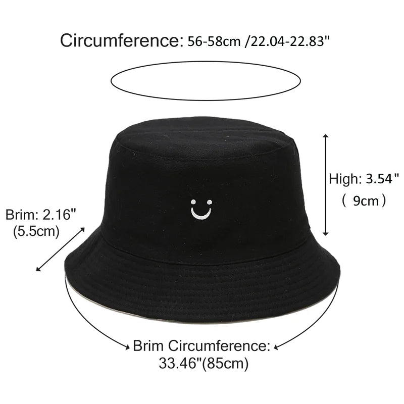 Unisex Bucket Hat Smile Face Embroidery Double Sided Wear Visor Cap