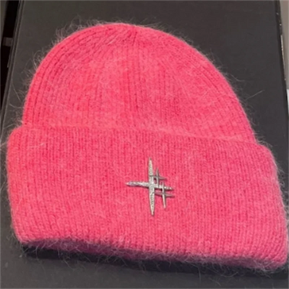 Women Luxury Rhinestone Logo Warm Wool Ear Hat