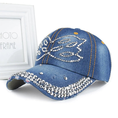 New Women Washed Denim Rhinestone Crown Baseball Cap