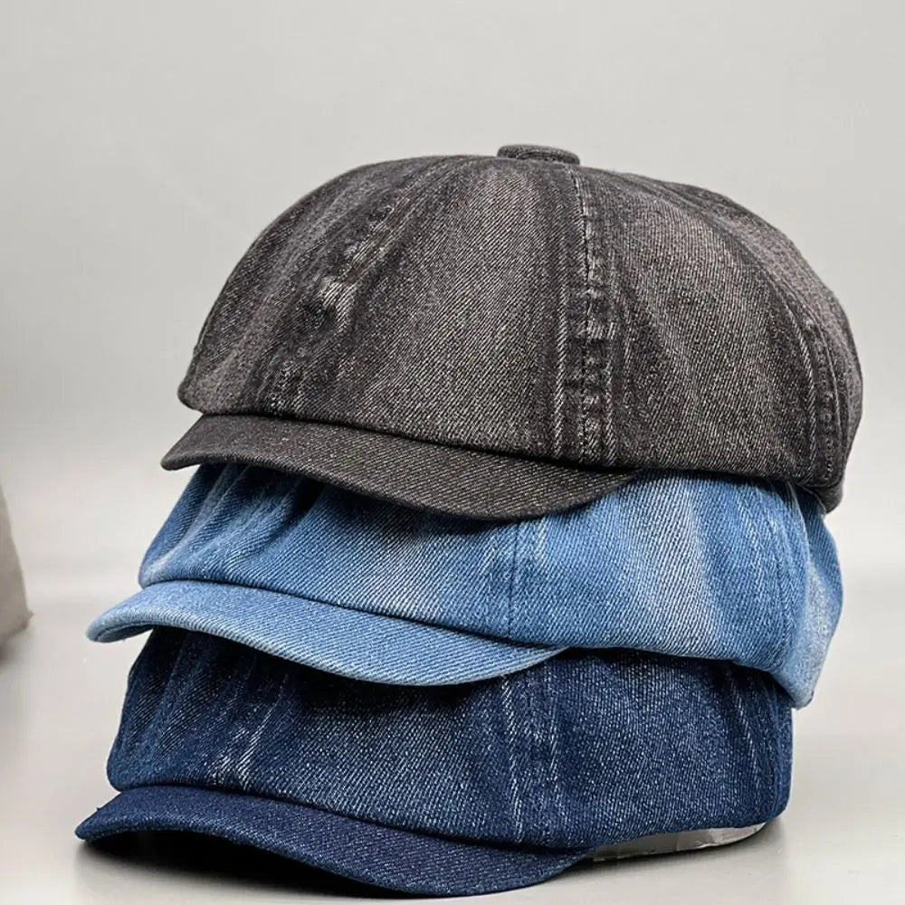 Vintage Washed Denim Newsboy Cap Versatile Short Brim Flat Peaked Hat