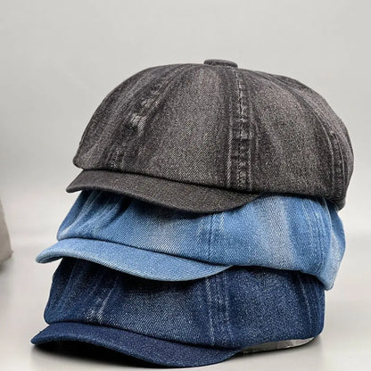Vintage Washed Denim Newsboy Cap Versatile Short Brim Flat Peaked Hat