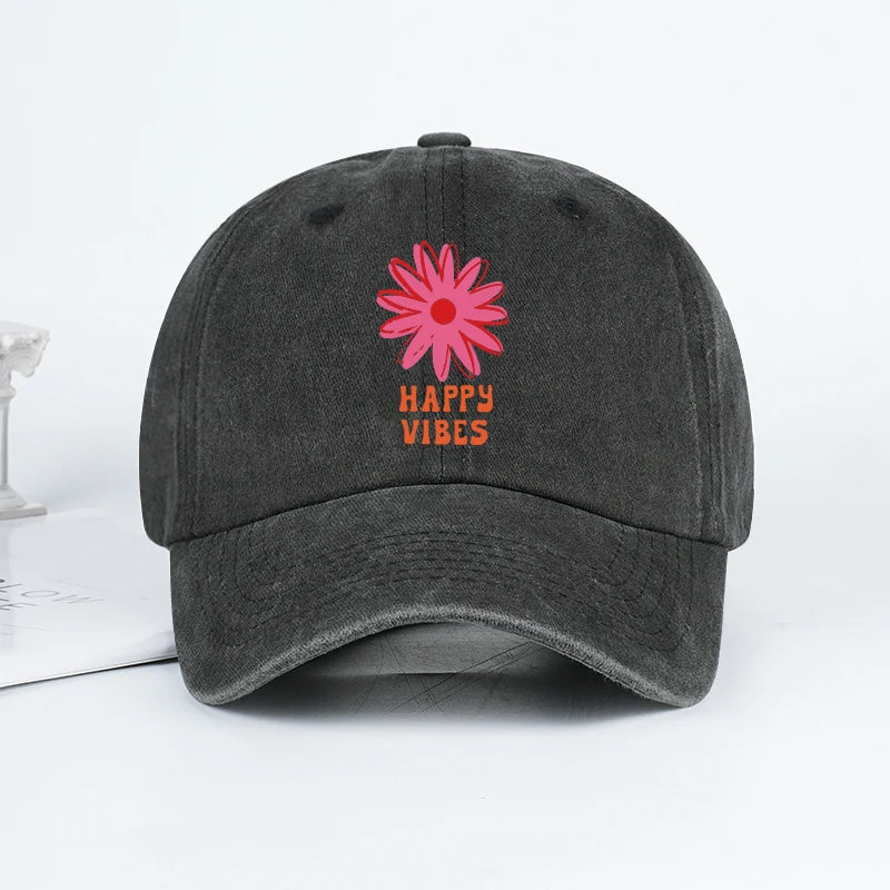 Happy Vibes Floral Print Washed Baseball Cap